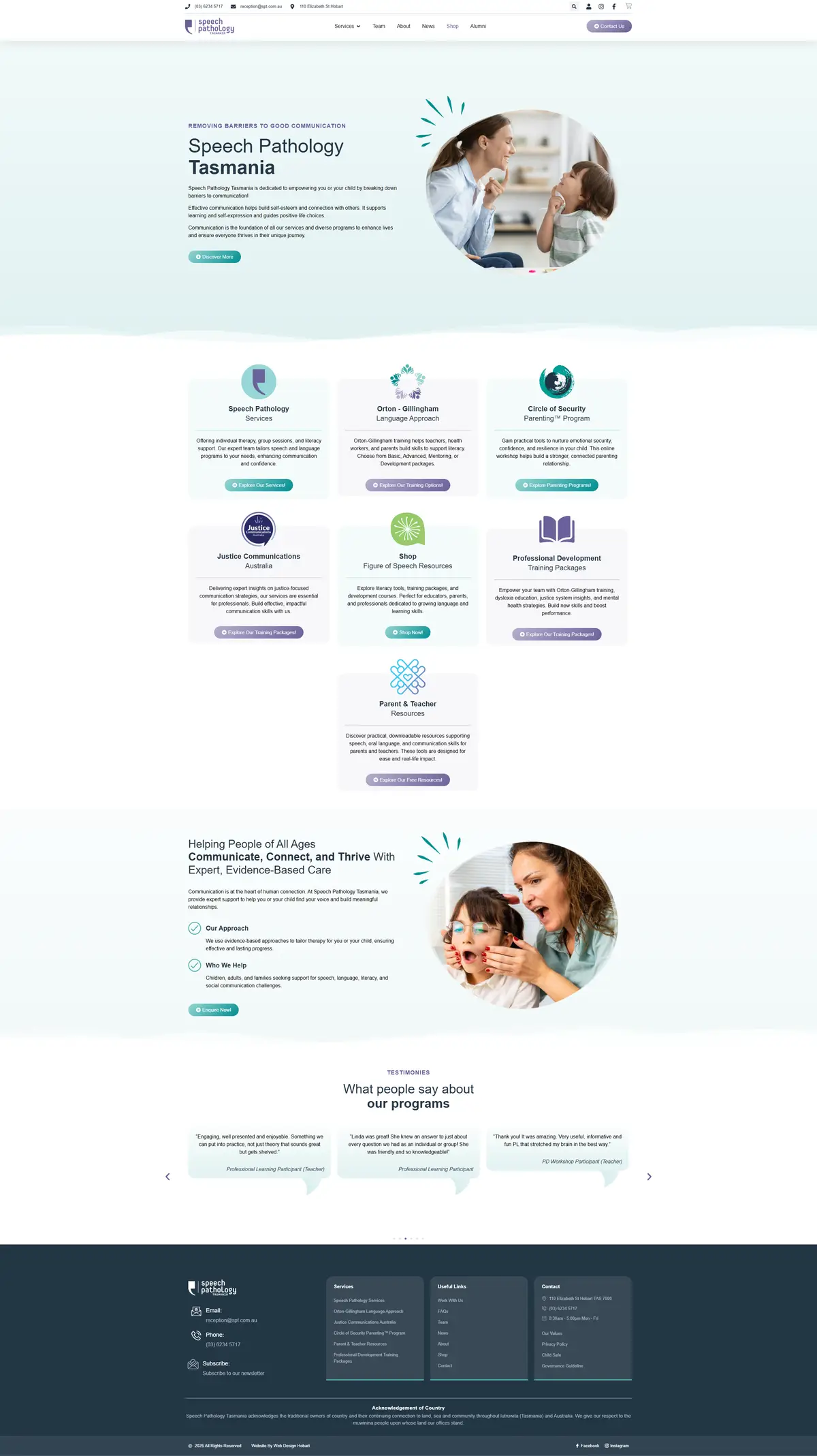 The Speech Pathology Tasmania website, designed and built by Web Design Hobart